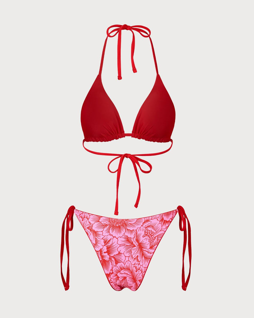 Red Floral Reversible Bikini Set