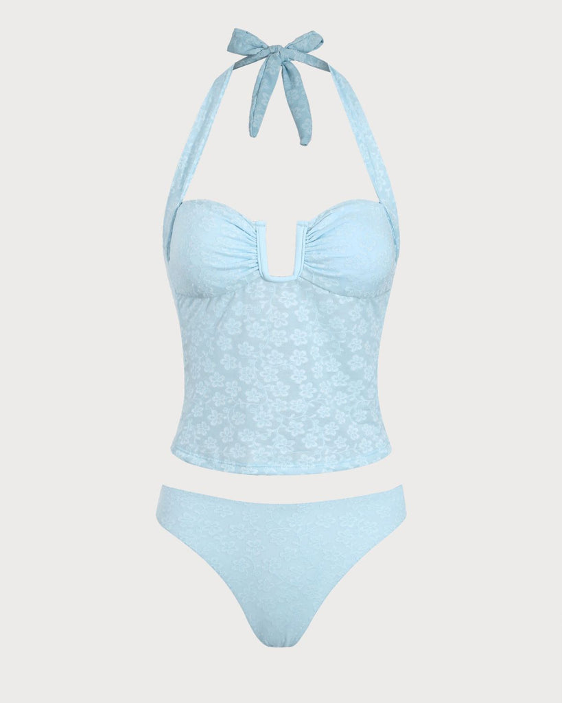 Blue Jacquard Textured Tankini Swimsuit