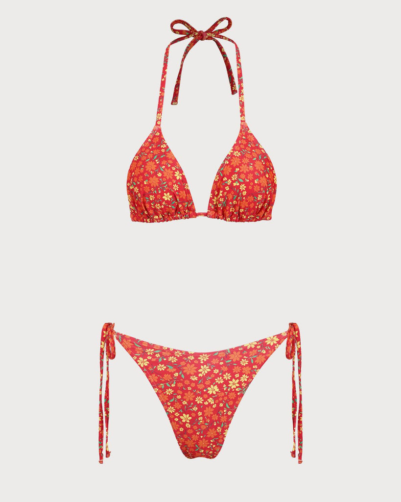 Orange Floral Triangle Halter Bikini Set