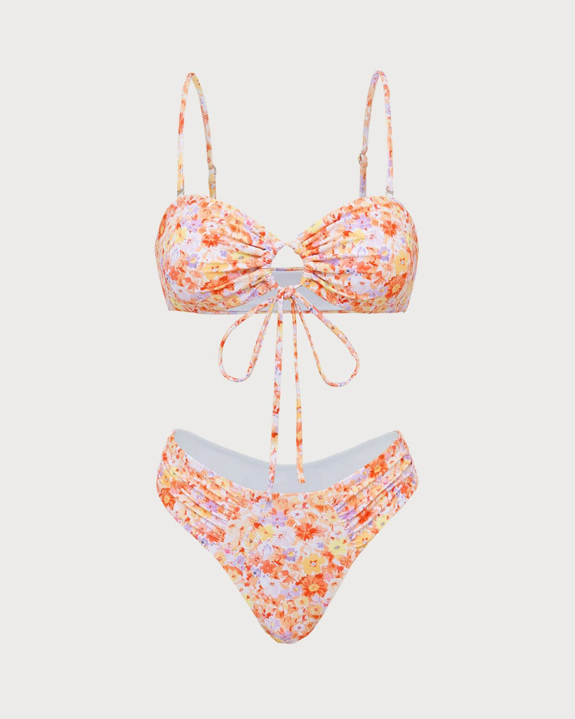 Orange Floral Tie Front Bikini Set