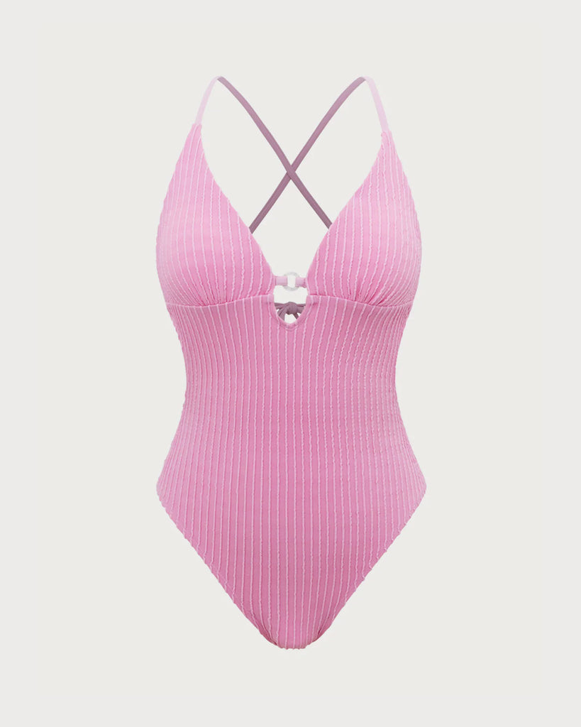 Pink Textured Cutout One-Piece Swimsuit