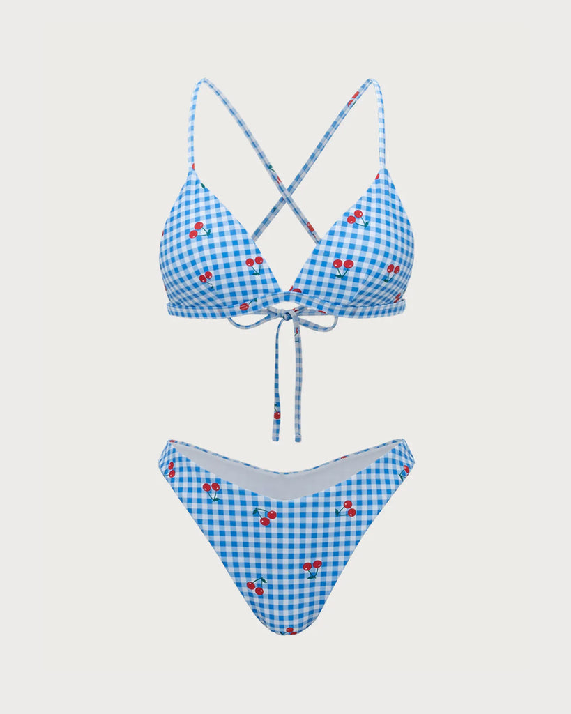 Blue Plaid Cherry Halter Bikini Set