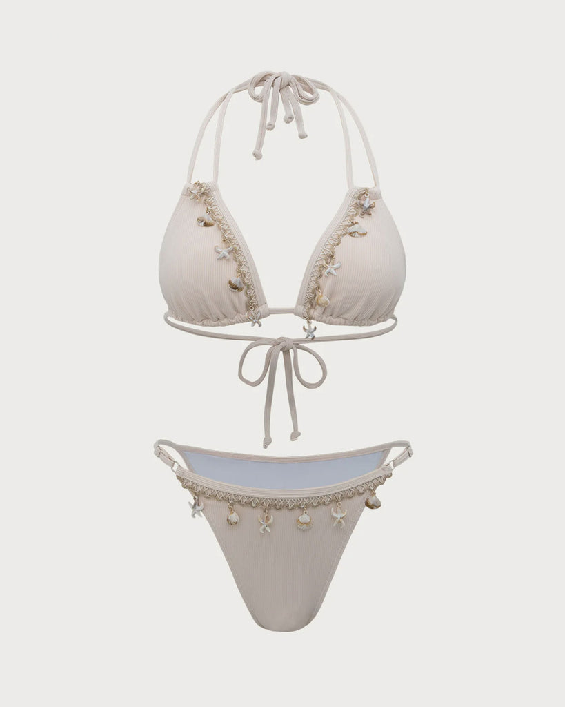 White Shell Embellished Bikini Set