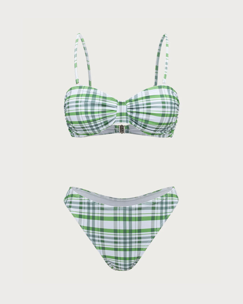 Green Plaid Pleated Bikini Set