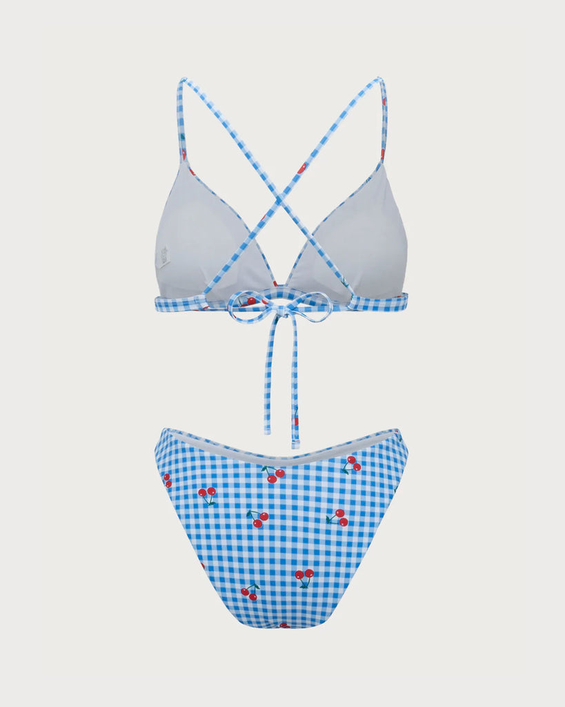 Blue Plaid Cherry Halter Bikini Set