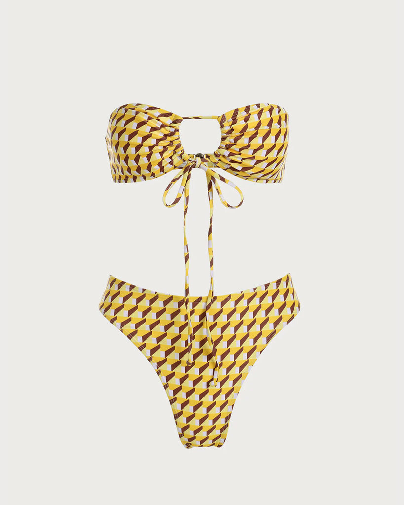 Yellow Geometric Strapless Bikini Sets