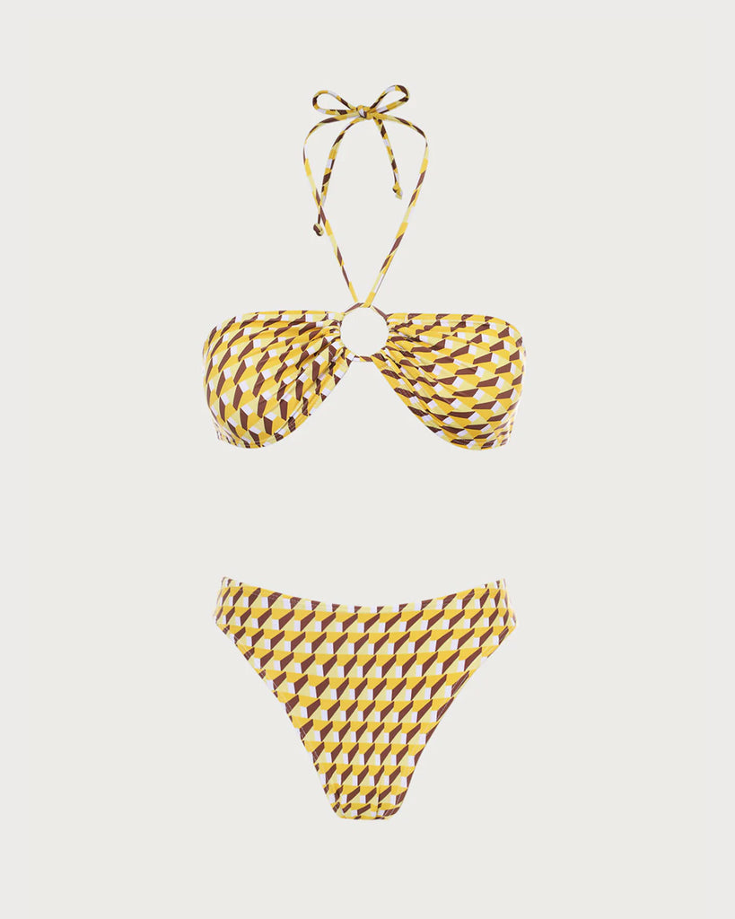 Yellow Geometric Strapless Bikini Sets