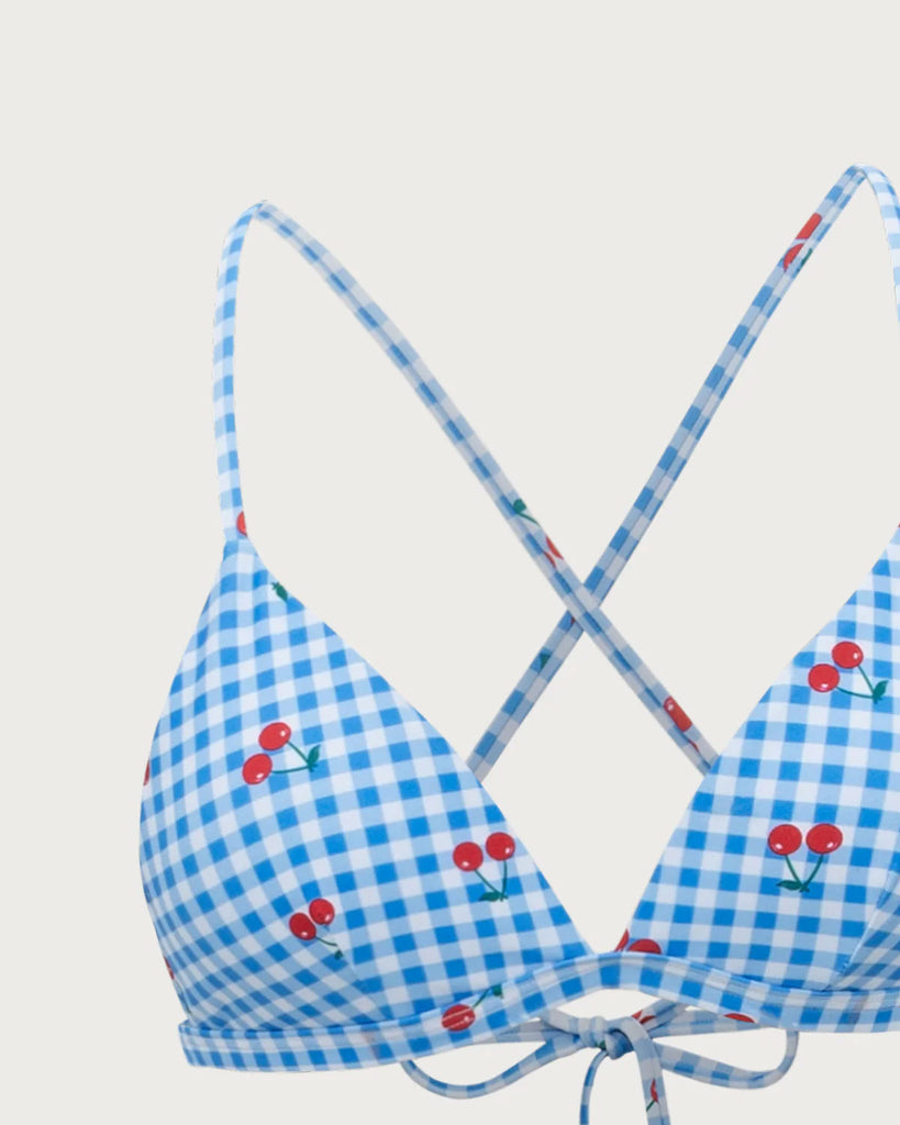 Blue Plaid Cherry Halter Bikini Set