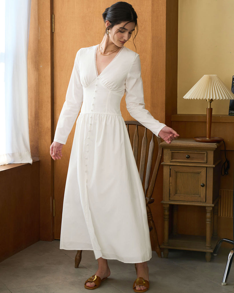 White Ruched Button Maxi Dress