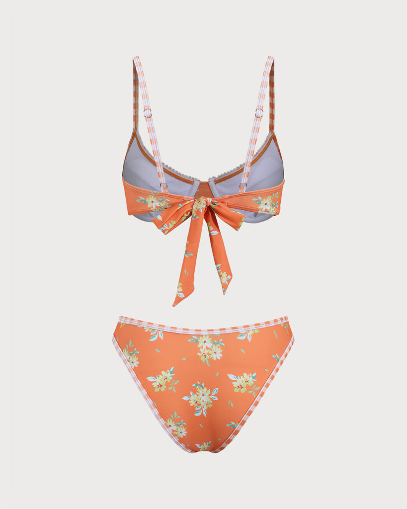 Orange Plaid Floral Underwire Bikini Set