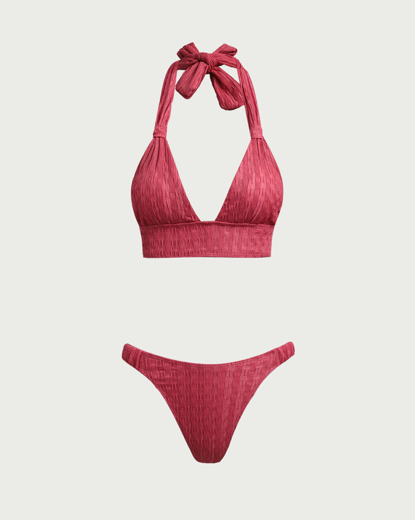 Red Ruched Halter Bikini Set