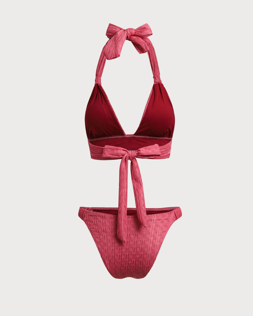 Red Ruched Halter Bikini Set