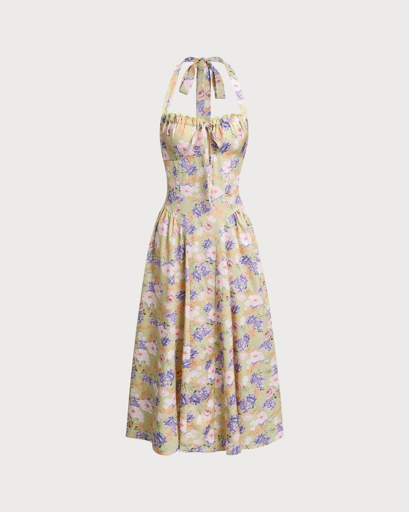 Floral Ruched Halter Midi Dress