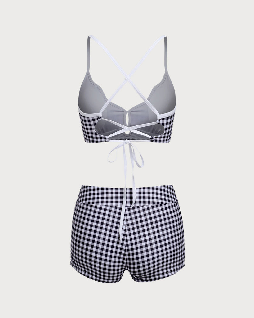 Black Contrast Plaid Cutout Bikini Set