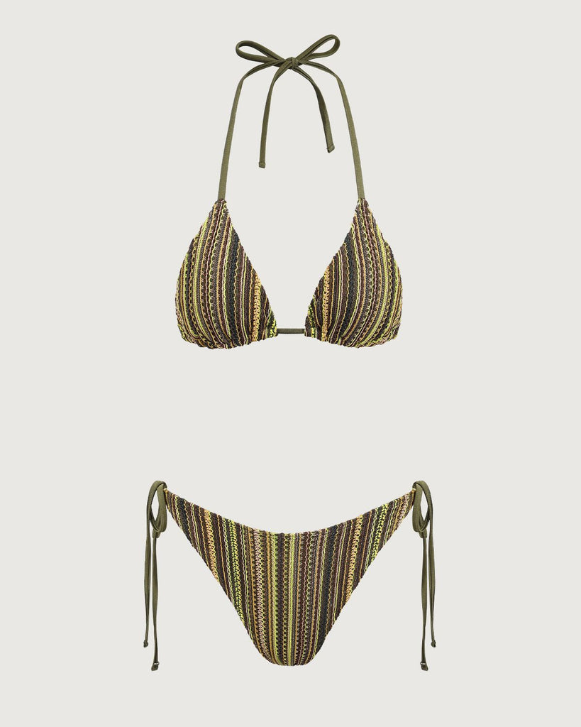 Green Striped Halter Triangle Bikini Set