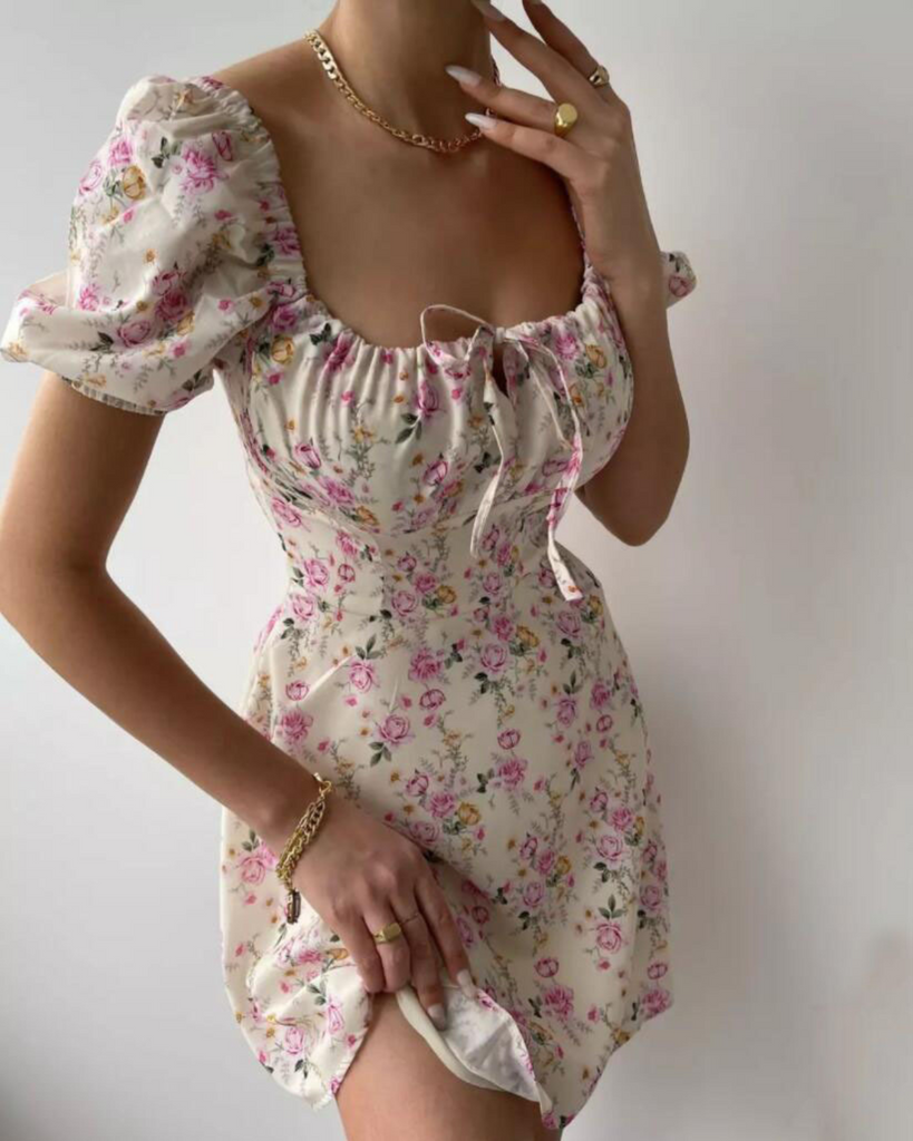 Pink Floral Square Neck Ruched Mini Dress