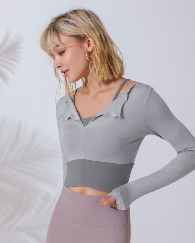 Grey Round Neck Long Sleeve Top - Light Support