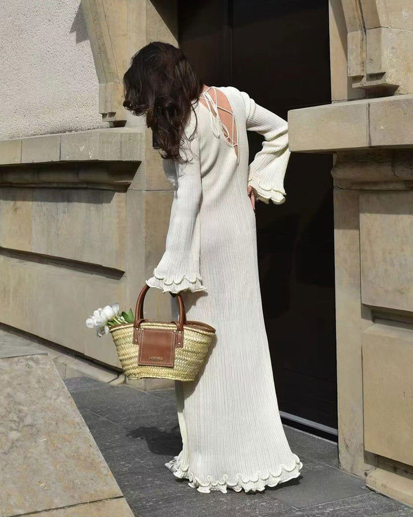 Women's White Bell Sleeve Knit Maxi Dress