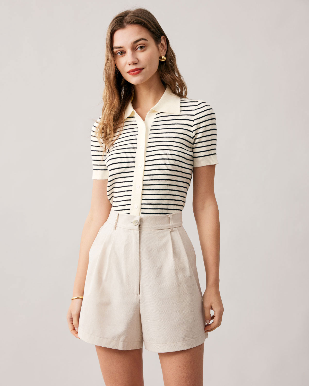 The Lapel Button Up Striped Knit Top