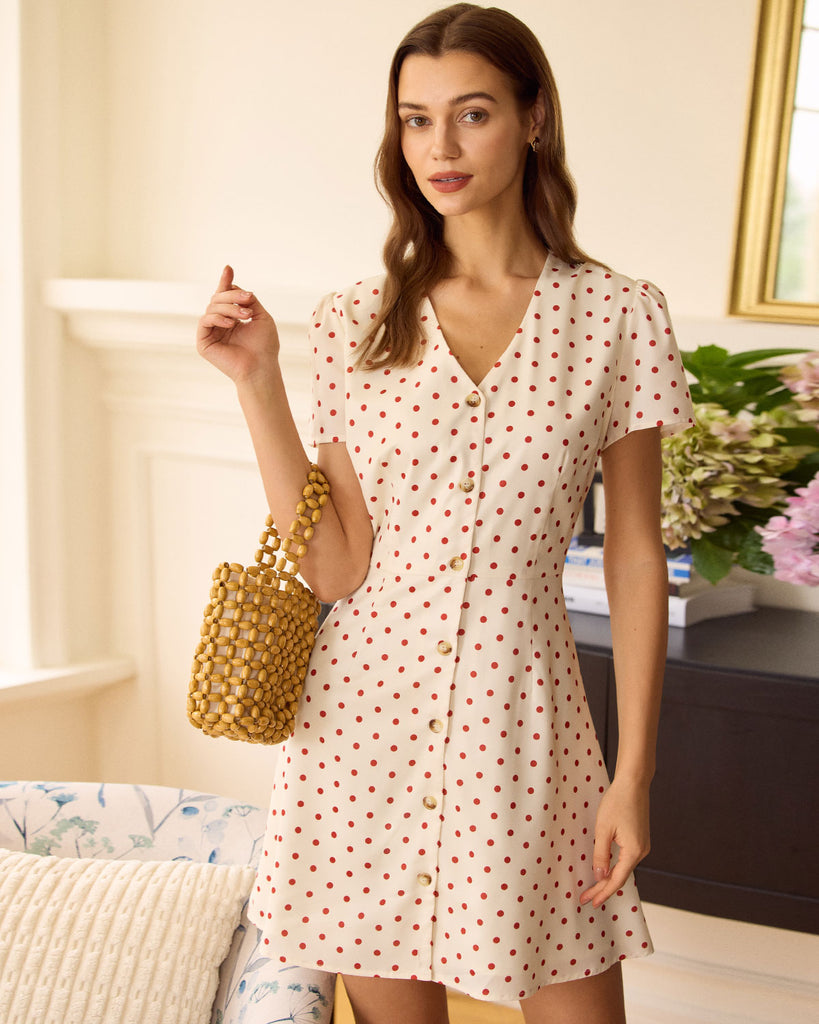 The Beige Polka Dot Button Mini Dress Dresses - RIHOAS