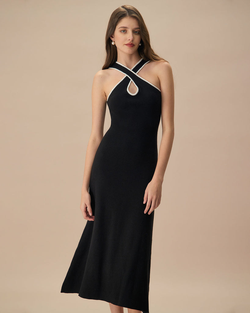 The Black Cut Out Contrast Knit Midi Dress Dresses - RIHOAS