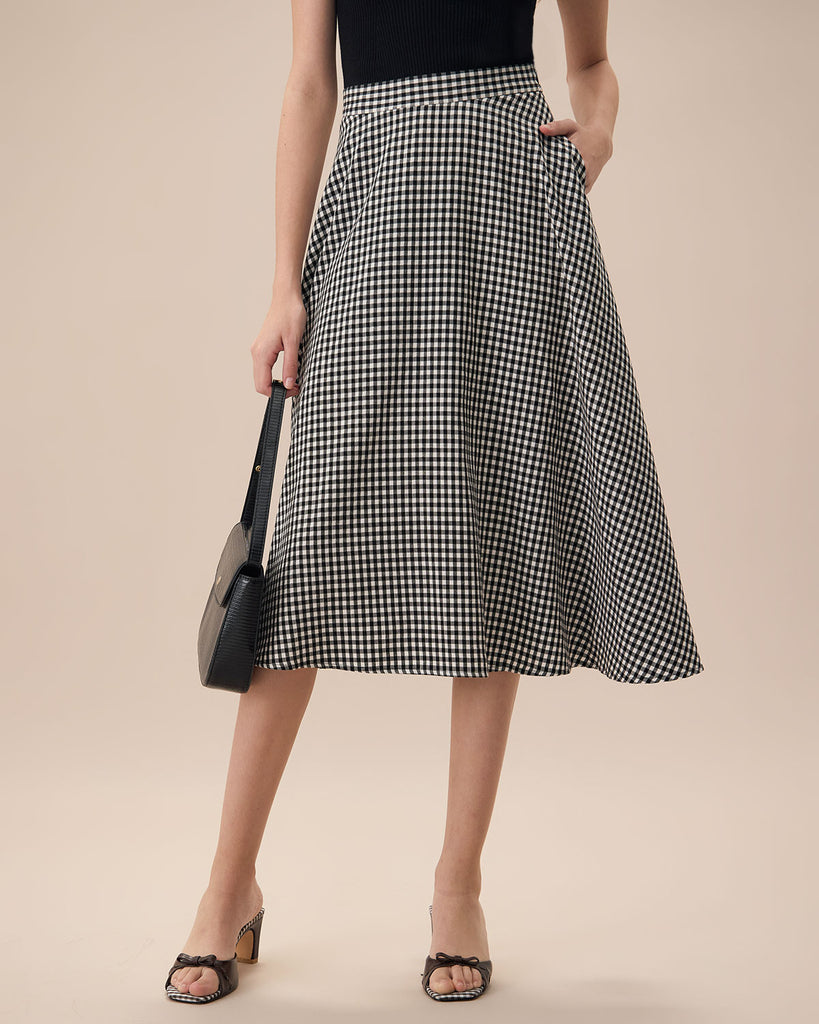 The Black High Waisted Plaid Pocket Midi Skirt Black Bottoms - RIHOAS