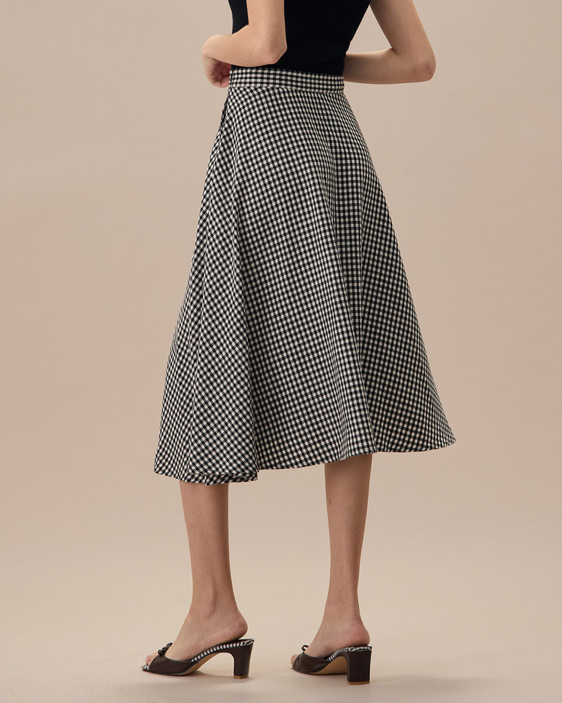 The Black High Waisted Plaid Pocket Midi Skirt Bottoms - RIHOAS