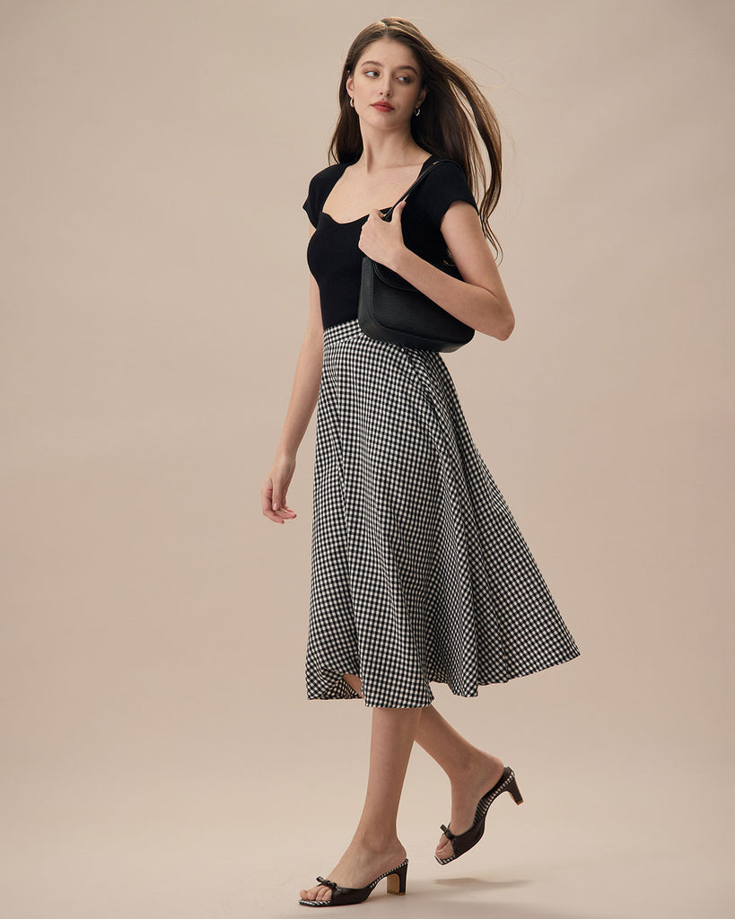 The Black High Waisted Plaid Pocket Midi Skirt Bottoms - RIHOAS