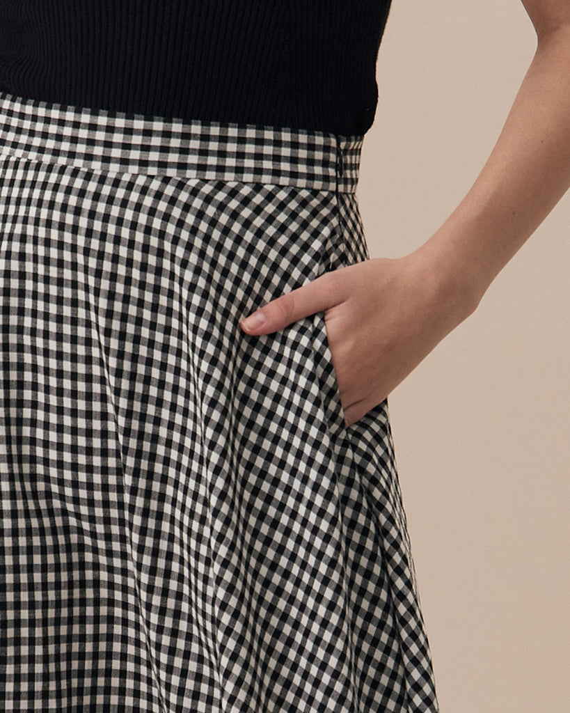 The Black High Waisted Plaid Pocket Midi Skirt Bottoms - RIHOAS