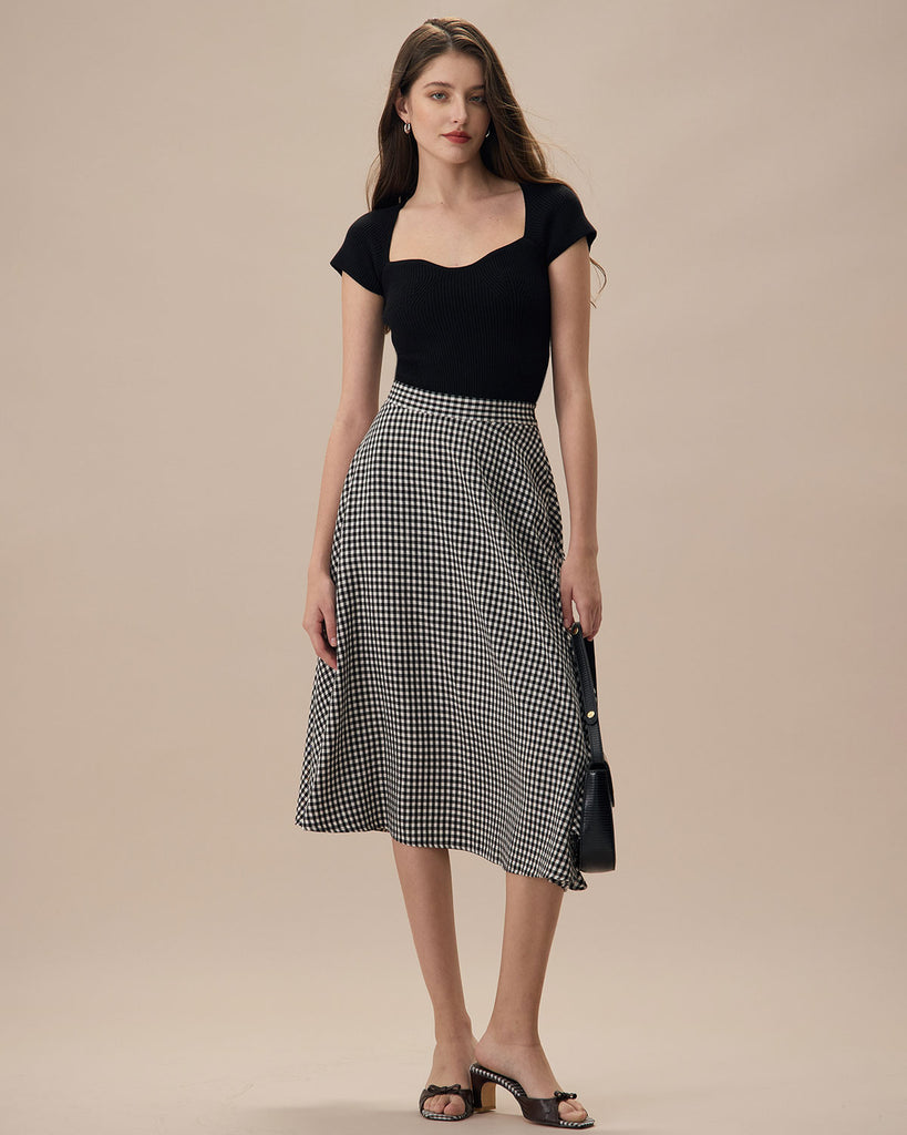 The Black High Waisted Plaid Pocket Midi Skirt Bottoms - RIHOAS