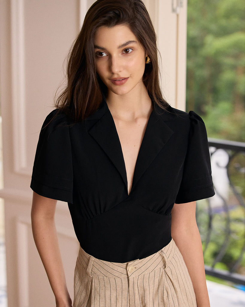 The Black Lapel Ruched Blouse Black Tops - RIHOAS