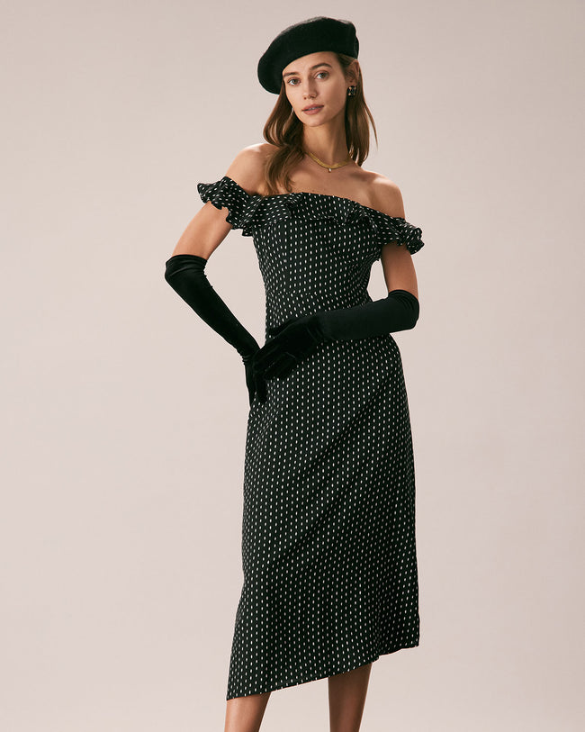 Rihoas Off The Shoulder Ruffle Midi Dress for Women Black M