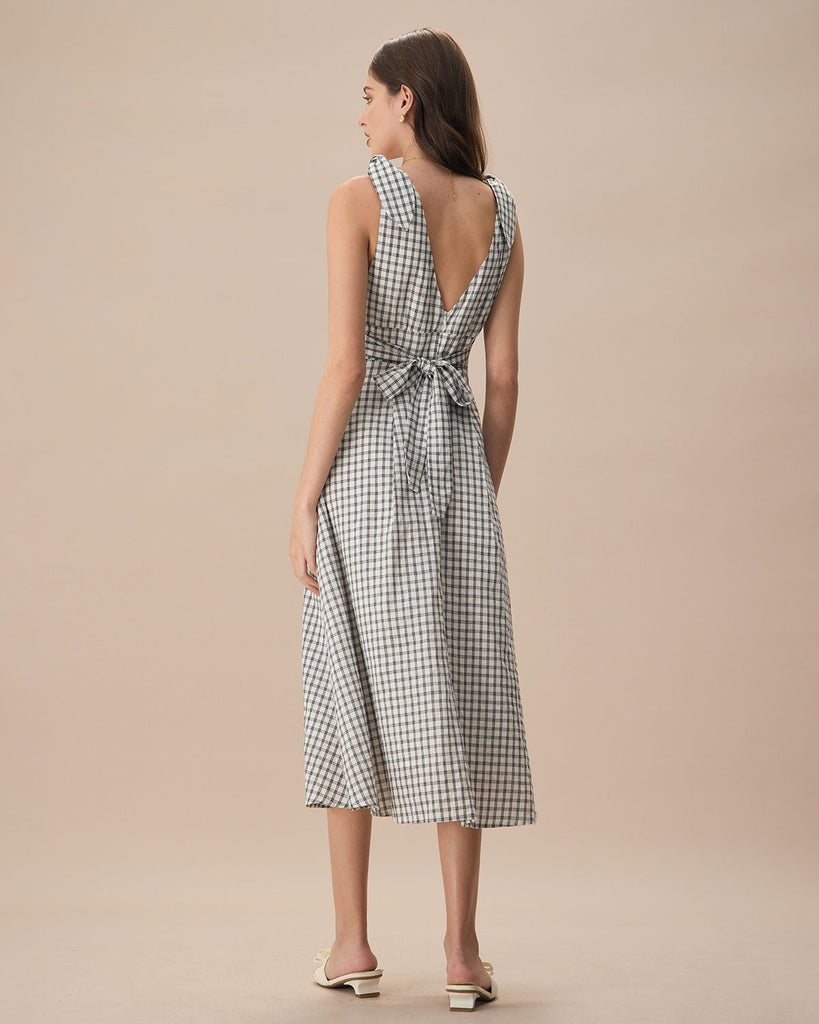 The Black Plaid Tie Strap Midi Dress Dresses - RIHOAS