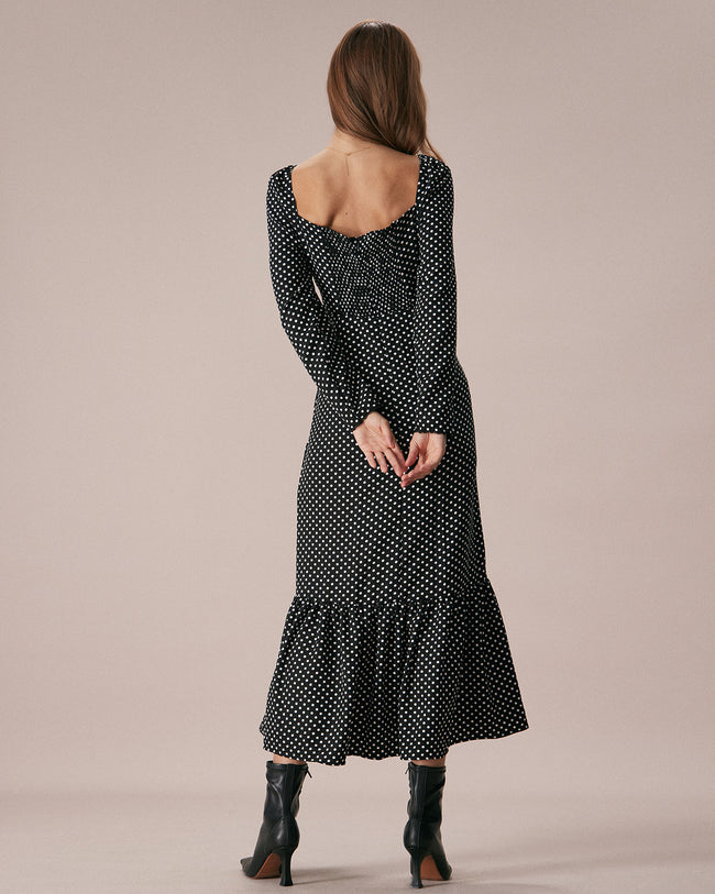 Square neck outlet polka dot dress