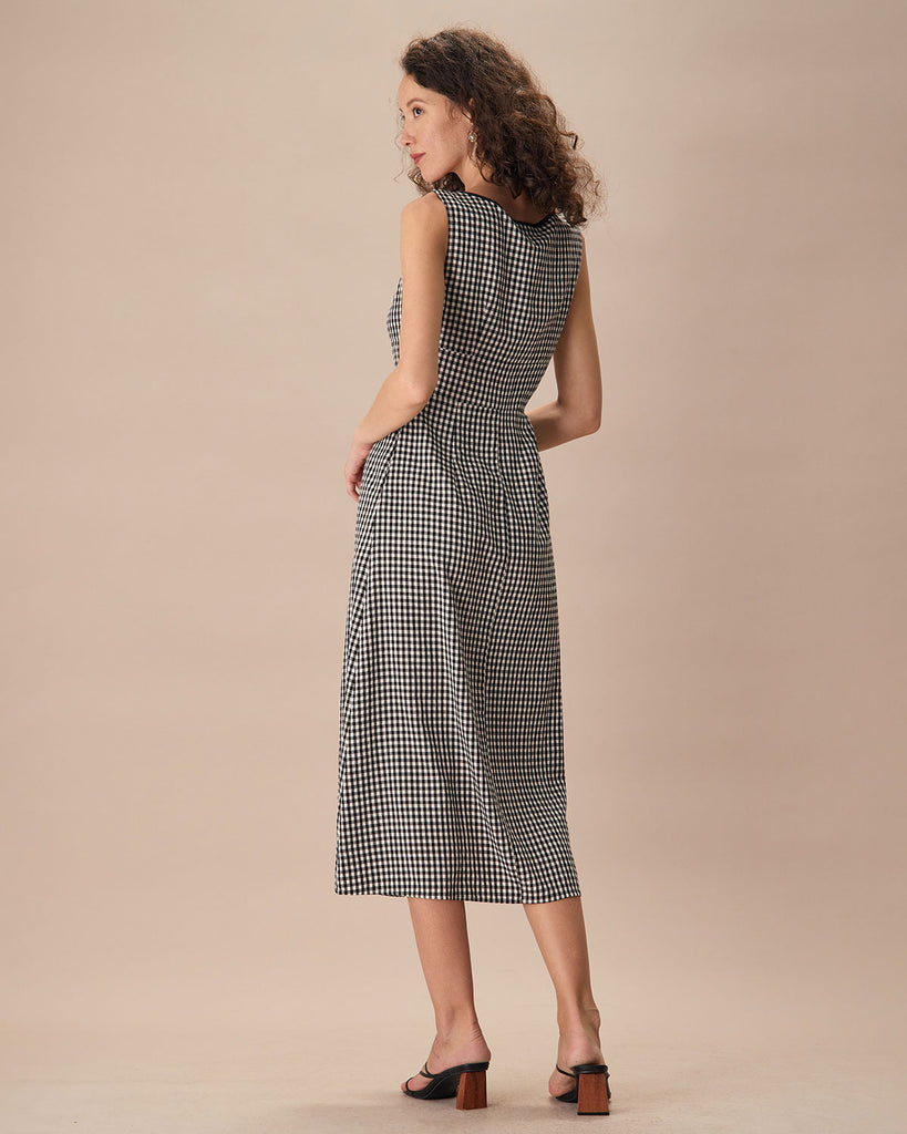 The Black Square Neck Tie Plaid Midi Dress Dresses - RIHOAS