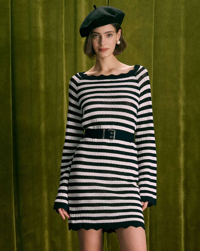The Black Striped Flare Sleeve Mini Dress & Reviews - Black