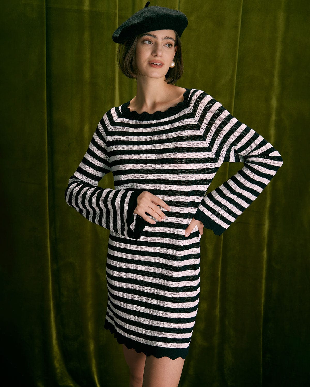 The Black Striped Flare Sleeve Mini Dress & Reviews - Black