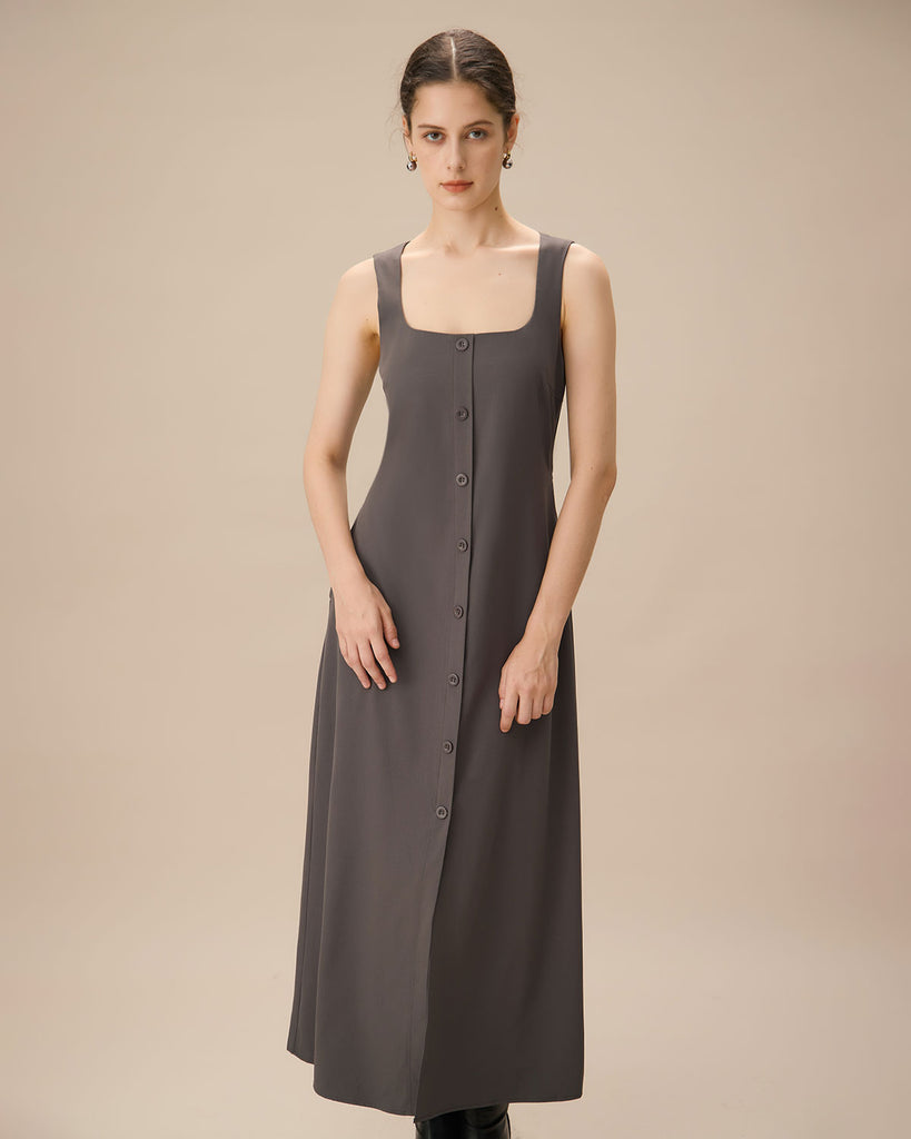 The Black U Neck Tie Back Maxi Dress Grey Dresses - RIHOAS