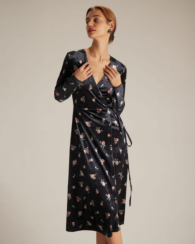 The Black V Neck Floral Velvet Wrap Midi Dress & Reviews - Black - Dresses  | RIHOAS