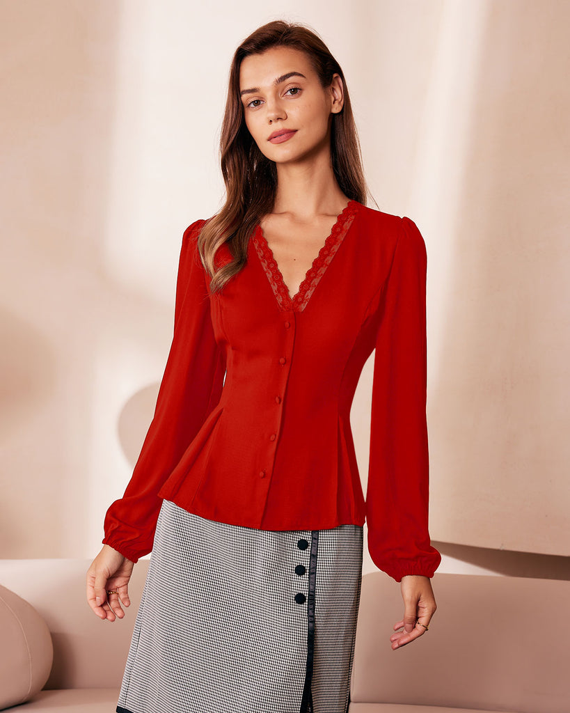 The Red V Neck Lace Trim Button Blouse