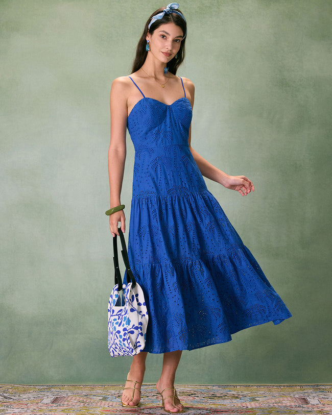 Rihoas Sweetheart Neck Embroidery Slip Midi Dress for Women Blue XL