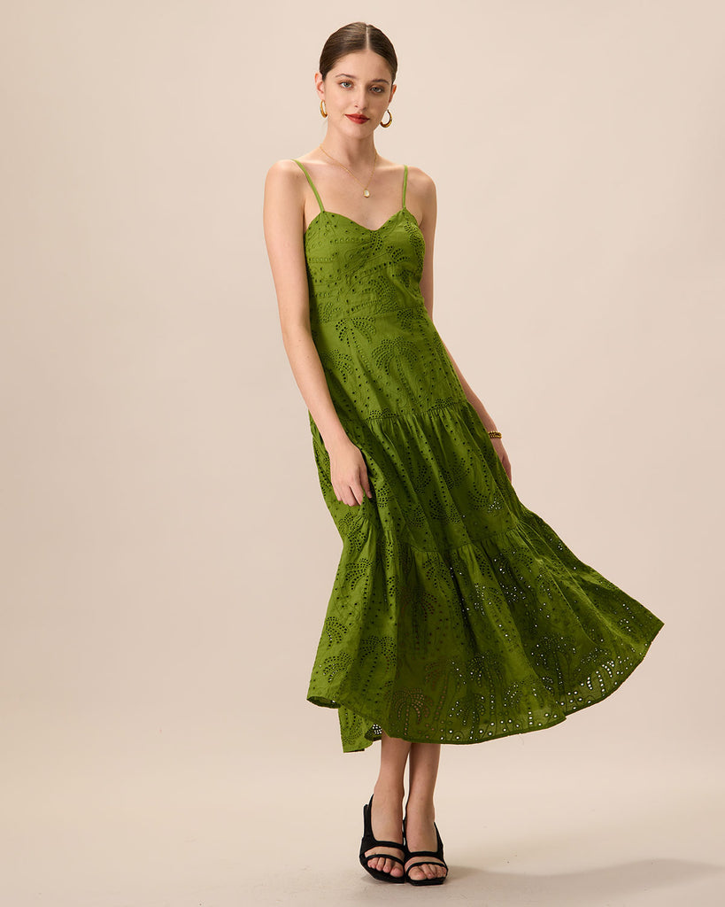 The Green Sweetheart Neck Embroidery Slip Midi Dress