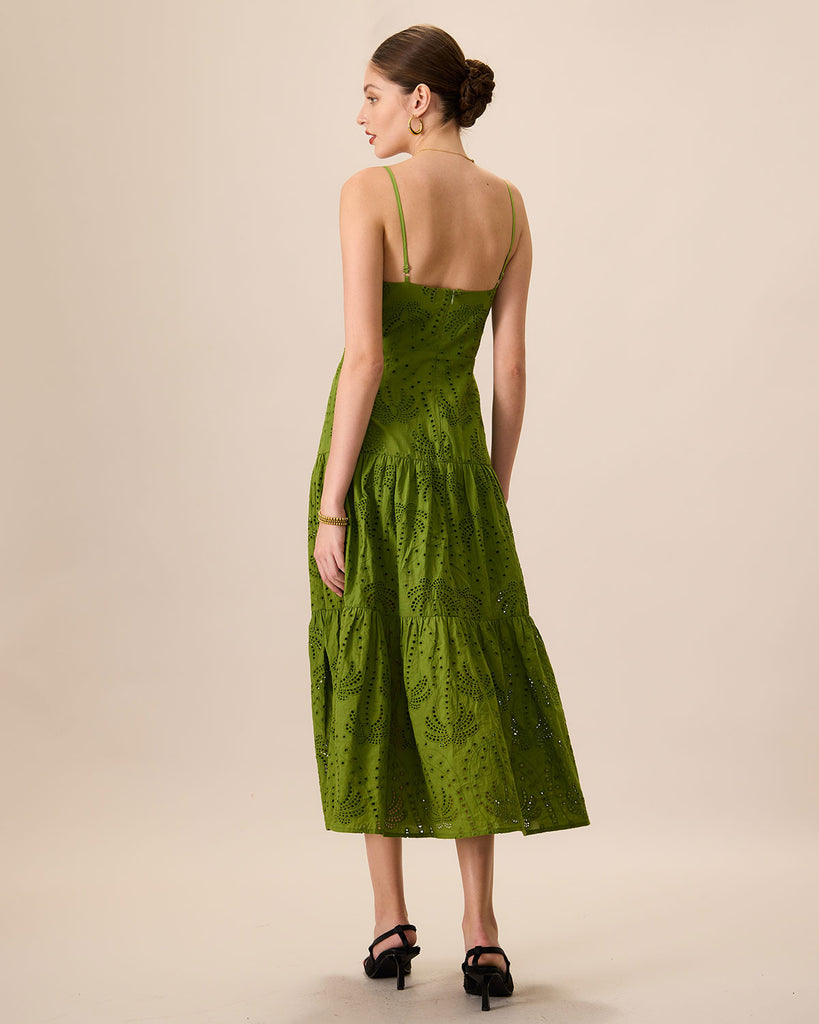 The Green Sweetheart Neck Embroidery Slip Midi Dress