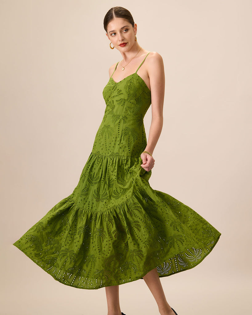 The Green Sweetheart Neck Embroidery Slip Midi Dress