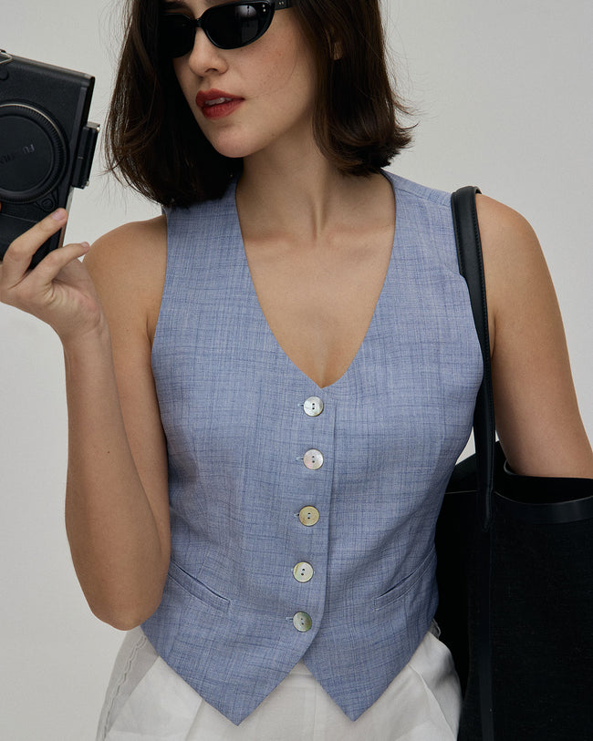 The Blue V-Neck Button Vest & Reviews - Blue - Tops | RIHOAS