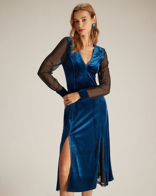 Rihoas V Neck Velvet Mesh Midi Dress for Women Blue XS