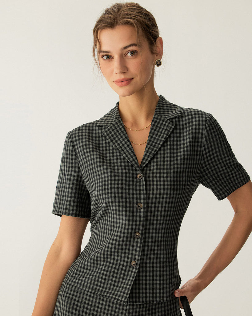 Grey Lapel Plaid Short Sleeve Blouse