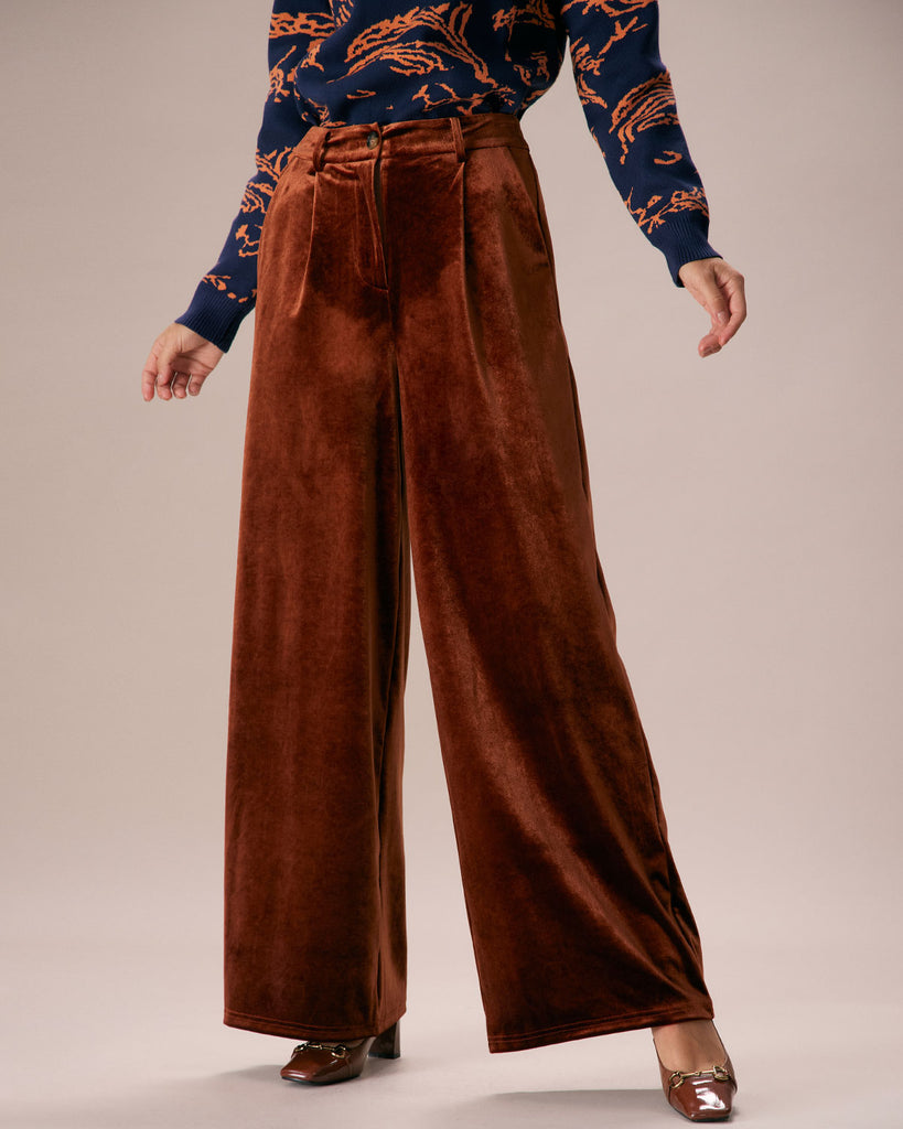 RQYYD High Waisted Velvet Pants for Women Elastic Waist Wide Leg Pants  Loose Palazzo Pants Velour Sweatpants with Pockets Brown XL