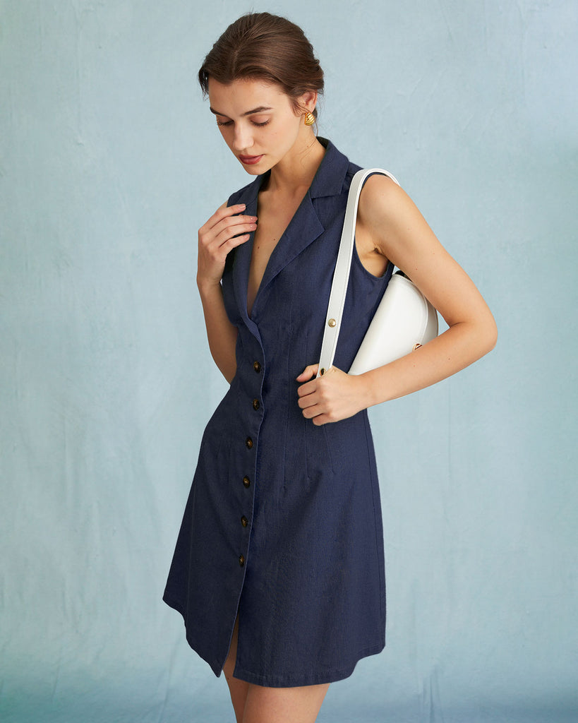 The Navy Lapel Button-up Sleeveless Mini Dress