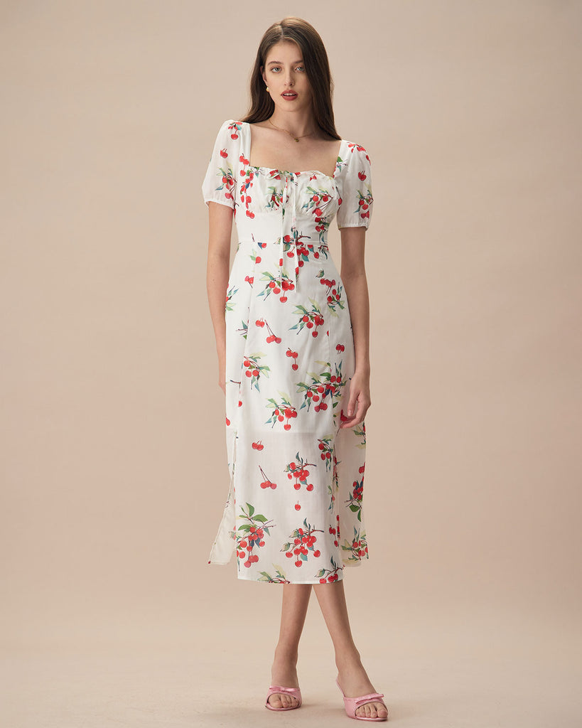 The Cherry Tie Side Split Midi Dress Dresses - RIHOAS